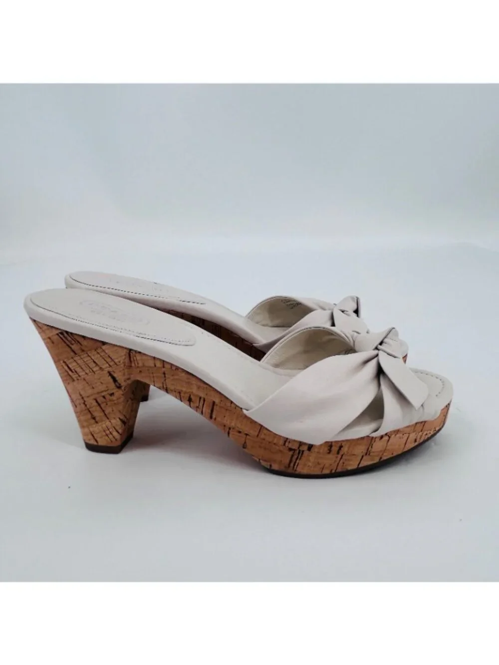 Coach Karen Slide Sandals White Size 7.5M Leather Cork Wedge Bow Platform Mules